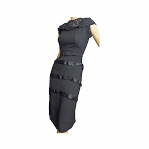 Black Cocktail Dress Vintage 1950s Sheath with Sheer Trim & Satin Bands LBD