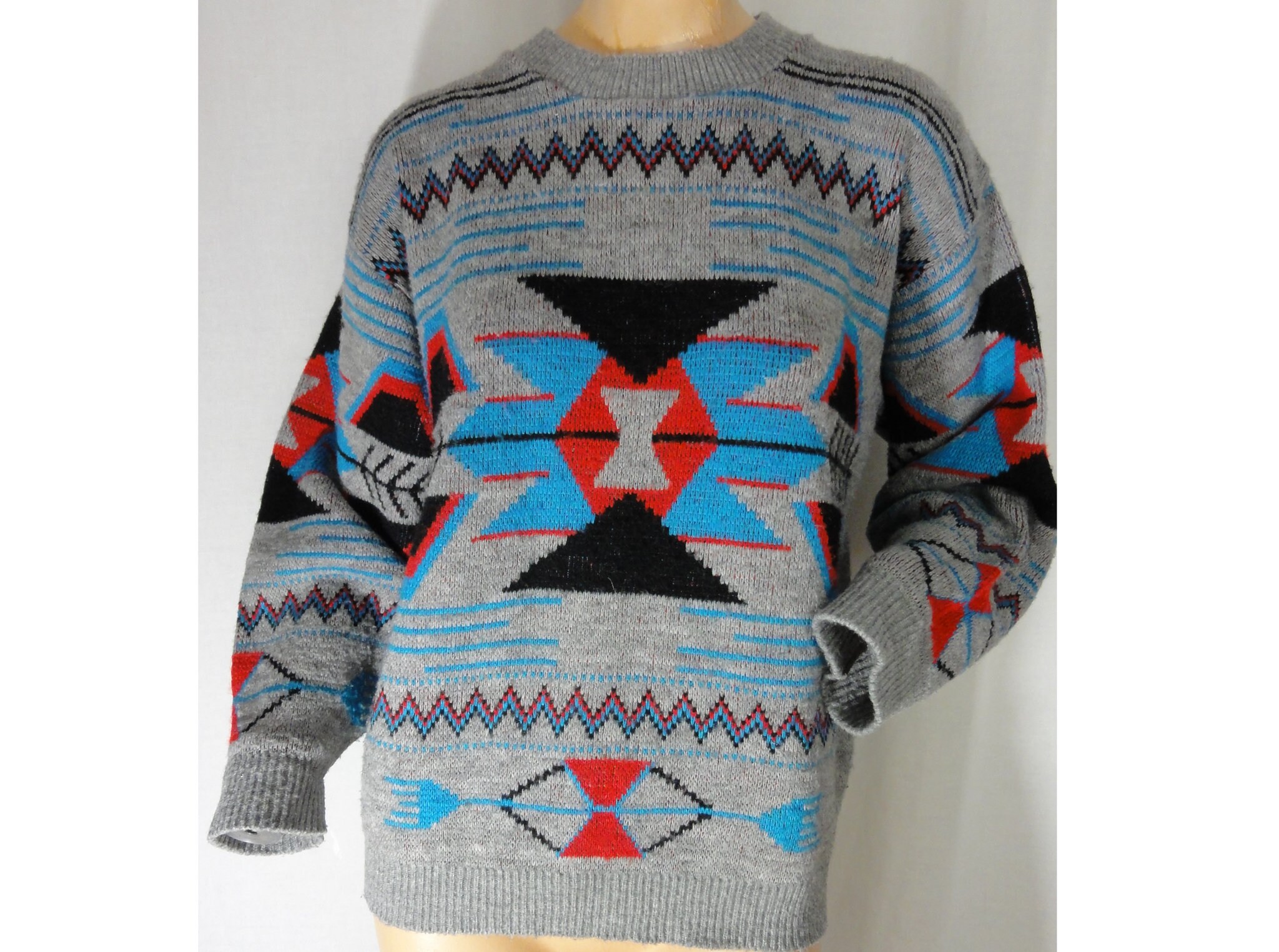 Vintage Sweater Aztec Western Design Gray Acrylic 40 Chest Men's ...