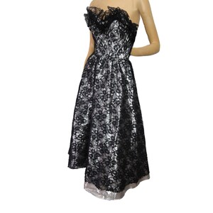 1980s Prom Black Lace and Silver Lame Party Dress Strapless Cocktail Gown image 2