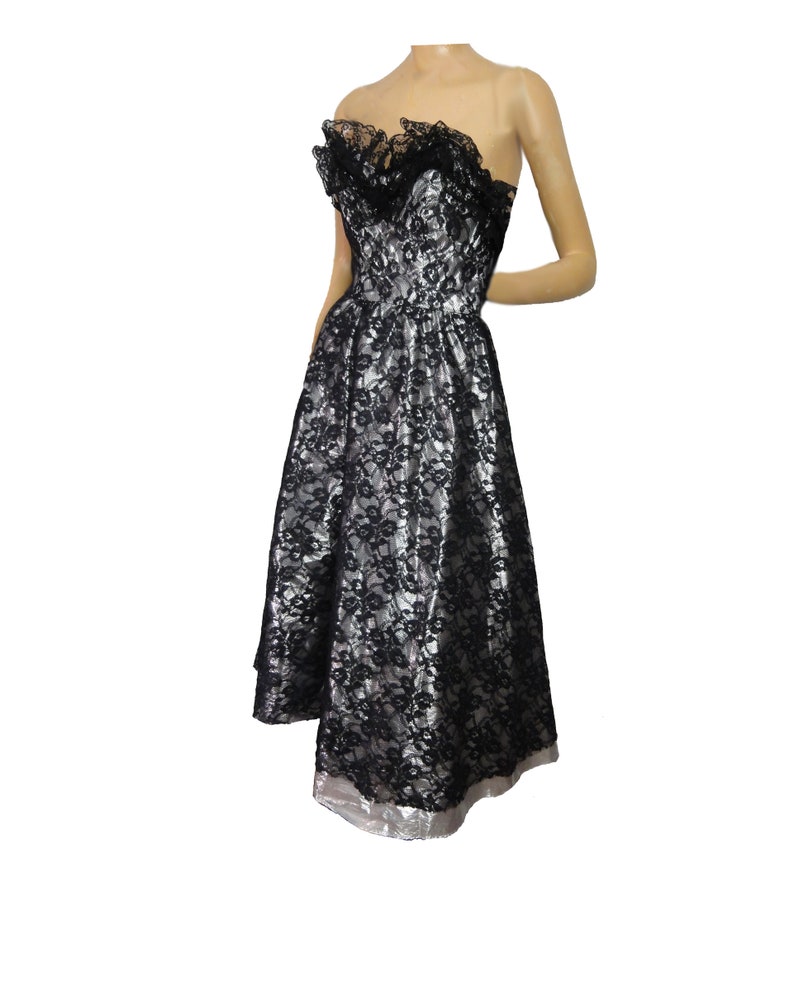 1980s Prom Black Lace and Silver Lame Party Dress Strapless Cocktail Gown image 2