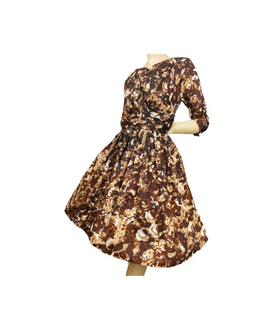 Vintage 50s Dress Pleated Full Skirt Brown Abstrac