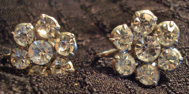 Vintage 50s Earrings Two Pairs of Clear Rhinestone Earrings Screw On Mid Century Modern