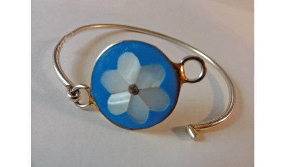 Vintage Bracelet Blue Enamel MOP Daisy Flower Boh… - image 4