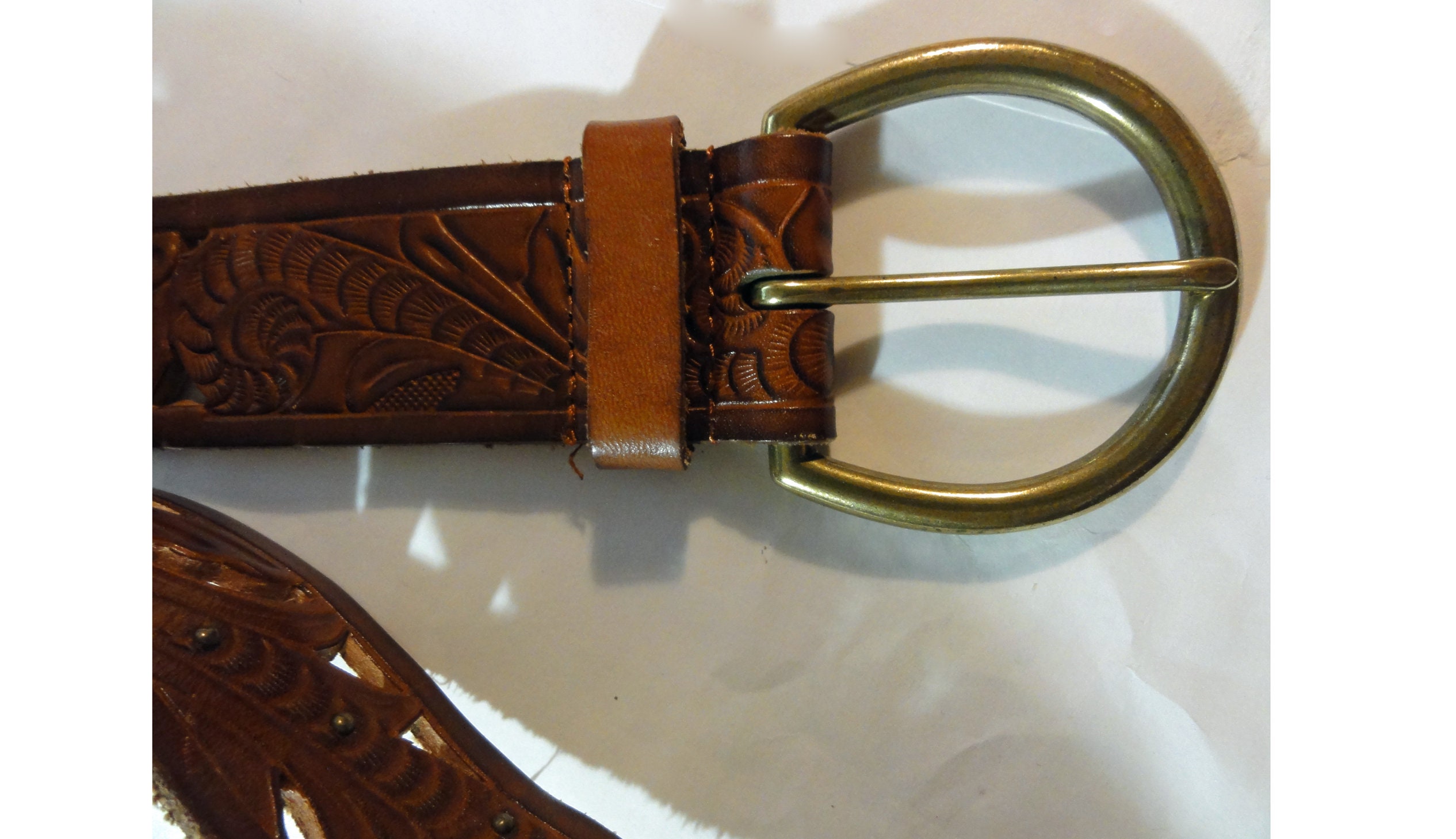 Vintage Western Belt Brown Tooled Pierced Leather With Brass 