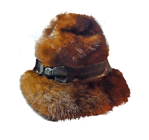 Vintage genuine fur hat with leather trim Womens Vintage Rodeo Leather Rabbit Fur Trapper Hat  main image 2