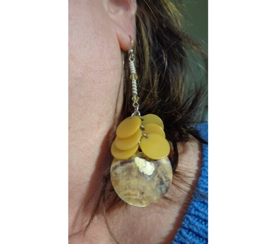 Vintage Earrings Long Bohemian Hippie Abalone She… - image 2