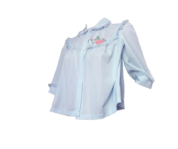 Vintage 1950s Bedjacket Baby Blue Ruffles and Ros… - image 2