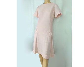 Vintage Mod 1960s Dress Pink Sheer Polyester Knit Shift Rhinestone Buttons