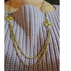Vintage 1960s Necklace Chain with Leaf and Faux Pearls Gold Tone 32&quot; Fall Autumn Leaves
