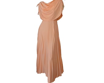 Evening Gown Vintage 1970s Peach Formal Prom Bridesmaid Dress Pleated Skirt Greek Goddess Style