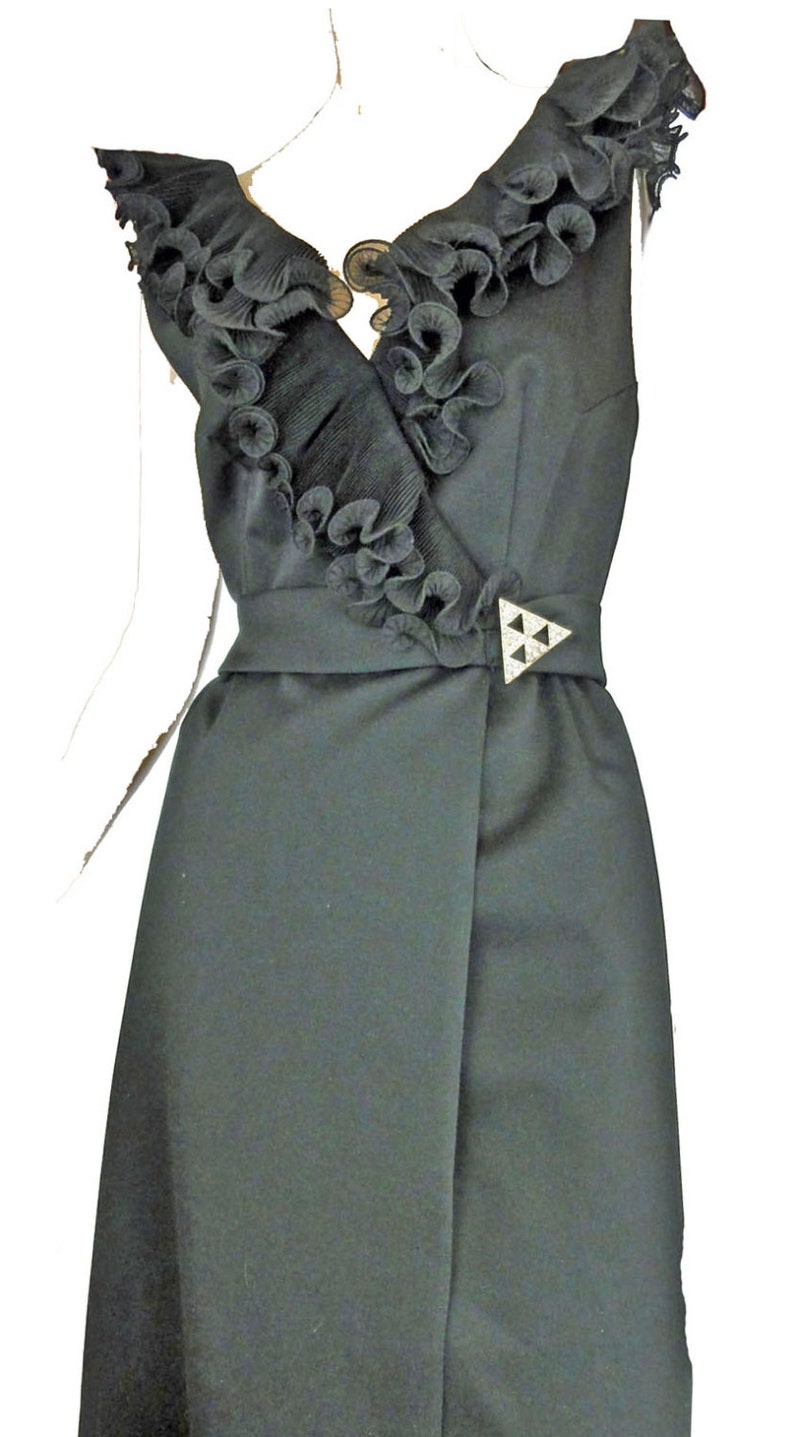 Vintage 1980s Black Formal Gown Wrap Dress Ruffle Trim Low Back Bare Shoulders image 4