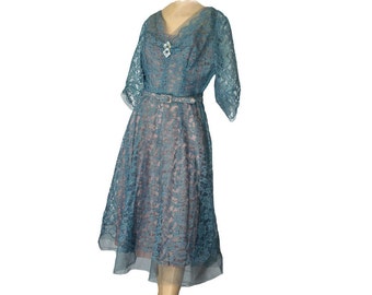 Vintage 1950s Party Dress and Slip Gray Blue Lace Belted Cocktail Gown