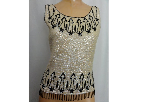 Vintage 1950s Beaded Sweater Shell/Fringed Cream … - image 4