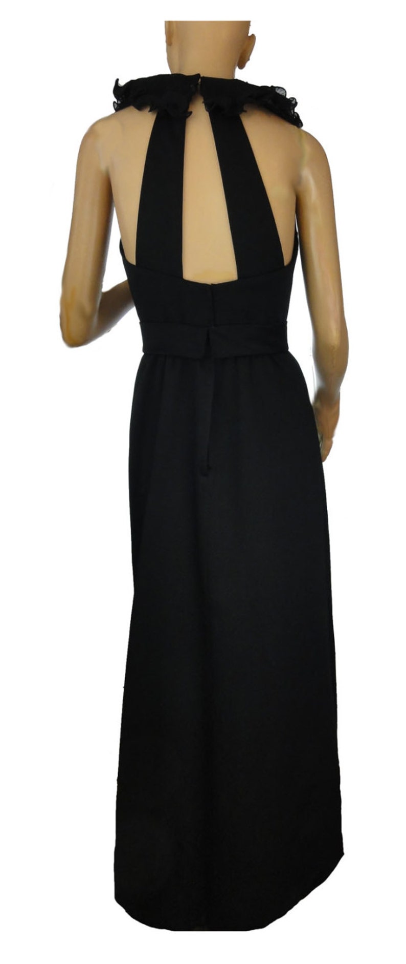 Vintage 1980s Black Formal Gown Wrap Dress Ruffle Trim Low Back Bare Shoulders image 6