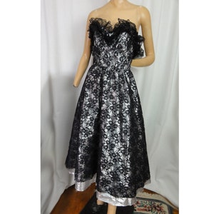 1980s Prom Black Lace and Silver Lame Party Dress Strapless Cocktail Gown image 3