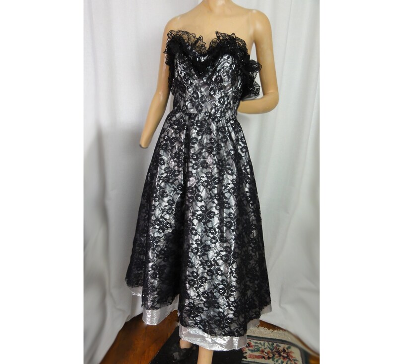 1980s Prom Black Lace and Silver Lame Party Dress Strapless Cocktail Gown image 3