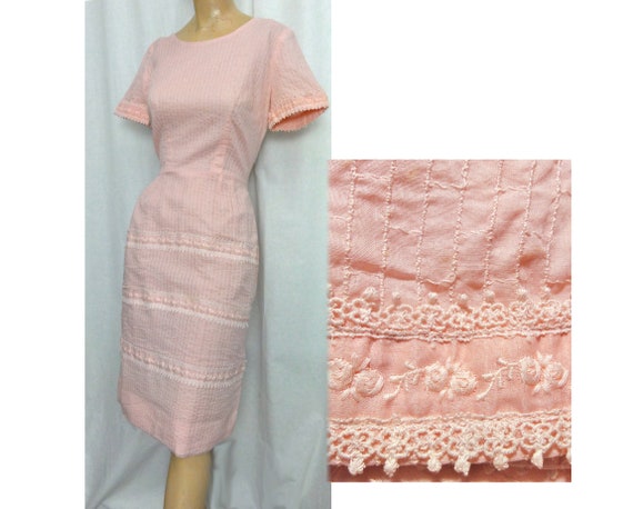 Pink Cotton Vintage 50s - 60s Sheath Lacy Summer D