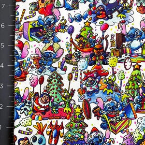 May include: White fabric with a colorful cartoon print featuring Stitch characters in Christmas-themed settings. The design includes Christmas trees, candy canes, and various Stitch illustrations in a festive holiday pattern.