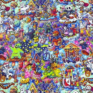 Puede incluir: Un patr&oacute;n vibrante y colorido con una variedad de personajes de dibujos animados y elementos caprichosos. El dise&ntilde;o incluye esqueletos, fantasmas y otras figuras espeluznantes, junto con casas, trenes y otros objetos decorativos. El tema general es una mezcla de Halloween y Navidad.