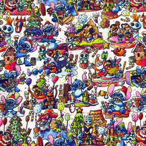 May include: A vibrant, colorful fabric featuring a repeating pattern of cartoon characters in a Christmas theme. The design includes Christmas trees, candy canes, and various characters in festive attire, all set against a white background.