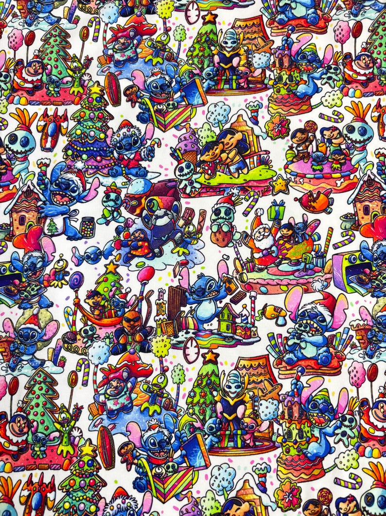 May include: A vibrant, colorful fabric featuring a repeating pattern of cartoon characters in a Christmas theme. The design includes Christmas trees, candy canes, and various characters in festive attire, all set against a white background.