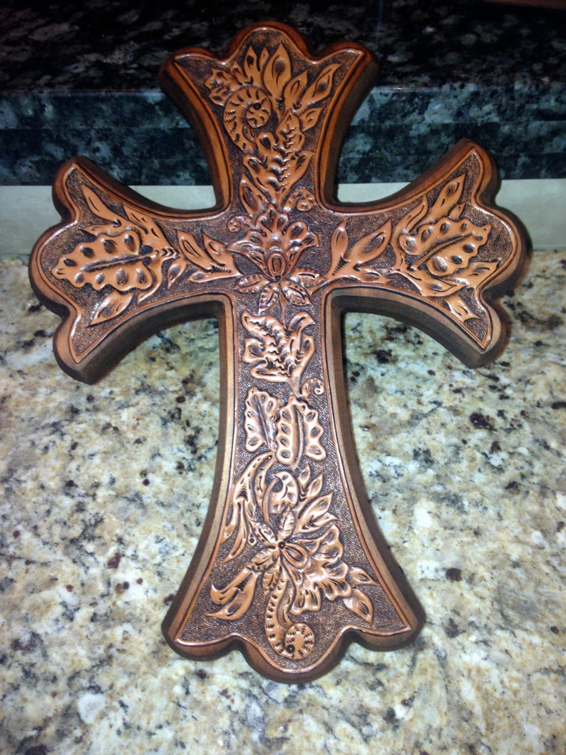 Beautiful western Hand Tooled Leather on Wooden Cross Etsy