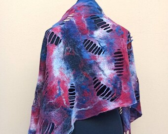 Red and Blue holes big wetfelted scarf stole shawl. Hand dyed margilan silk and Merino wool. Original accessory to add colorful accent.