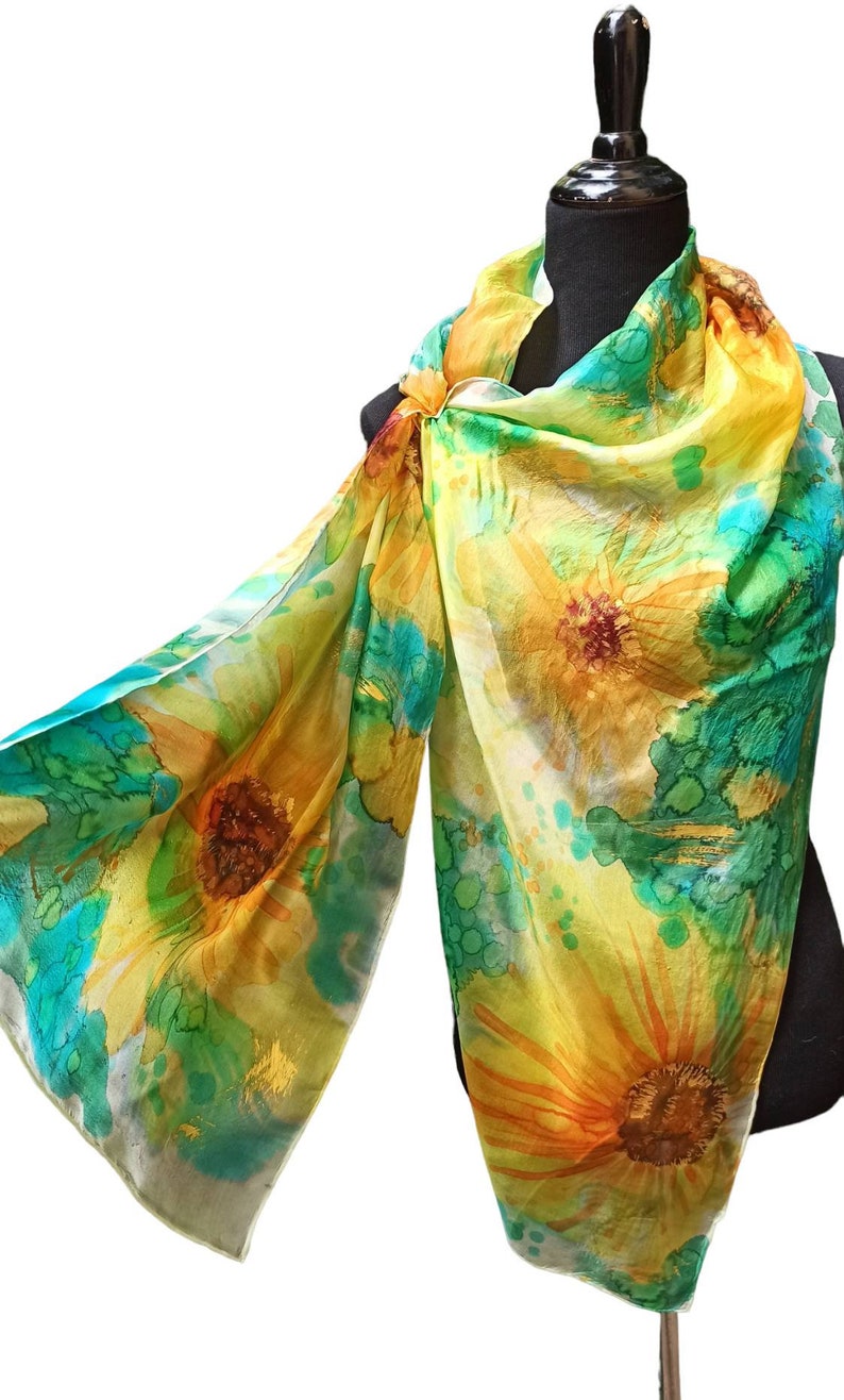 Abstract sunflowers hand painted silk scarf image 4