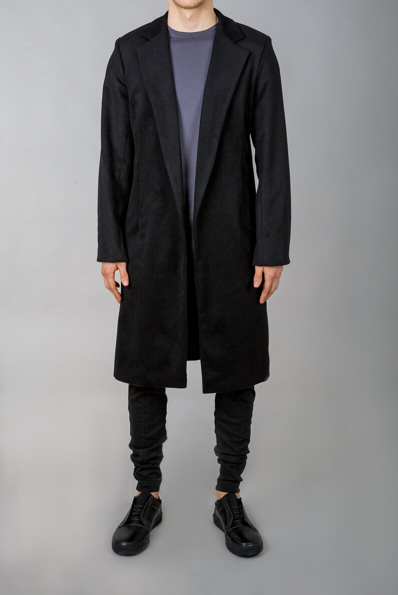 Men's buttonless coat / Minimalist overcoat in black / | Etsy