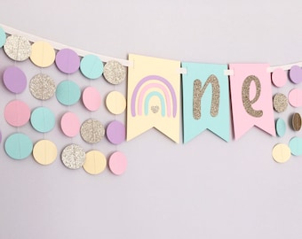Pastel Rainbow First Birthday Banner, Glitter Gold, Cake Smash Backdrop