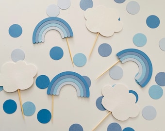 Pastel Blue rainbow cake toppers, pastel rainbow party, baby boy shower decor, food picks