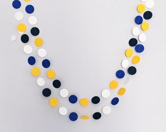 Navy, royal blue, white and yellow paper garland, cake smash backdrop, nautical themed party decoration, blue and yellow