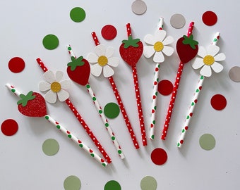 Strawberry and Daisy Paper Straws, Glitter Party Decor
