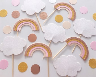 Boho rainbow party cupcake toppers, cloud food picks,
