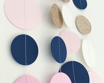 Navy, pink and glitter gold, paper garland, photo backdrop, wedding decor, nautical, baby shower, gender reveal baby shower, balloon tail