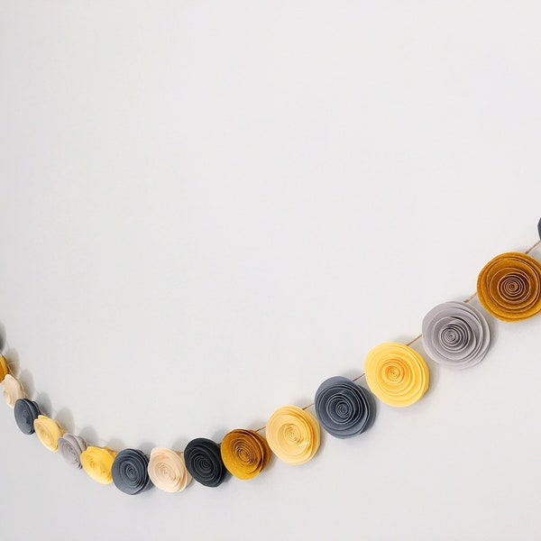 mustard yellow silver and grey paper flower garland, Wedding photo backdrop, cake smash backdrop, yellow and grey wedding