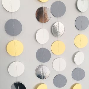 Paper circle garland grey and yellow decor paper bunting baby shower photo backdrop cake smash new baby lemon and grey image 1