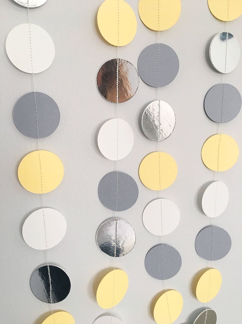 Paper circle garland grey and yellow decor paper bunting baby shower photo backdrop cake smash new baby lemon and grey image 1