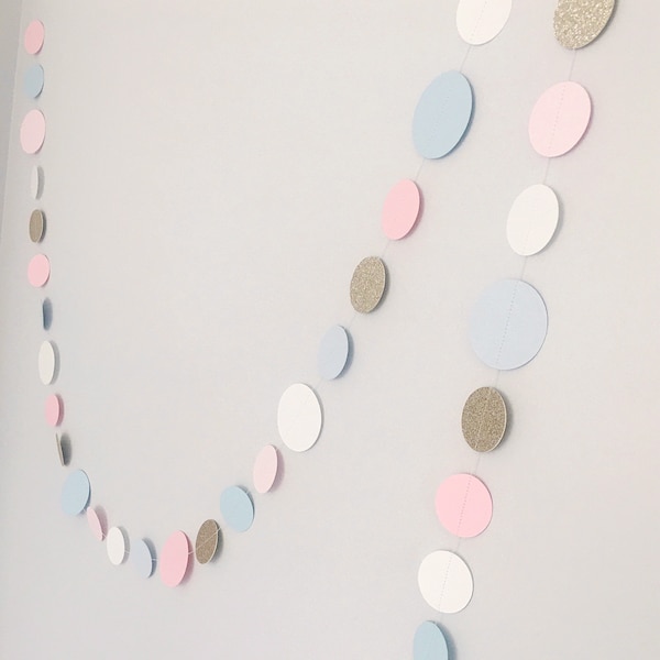 Pastel blue, pink, white and gold glitter paper garland. Baby shower, gender reveal party decoration, princess party