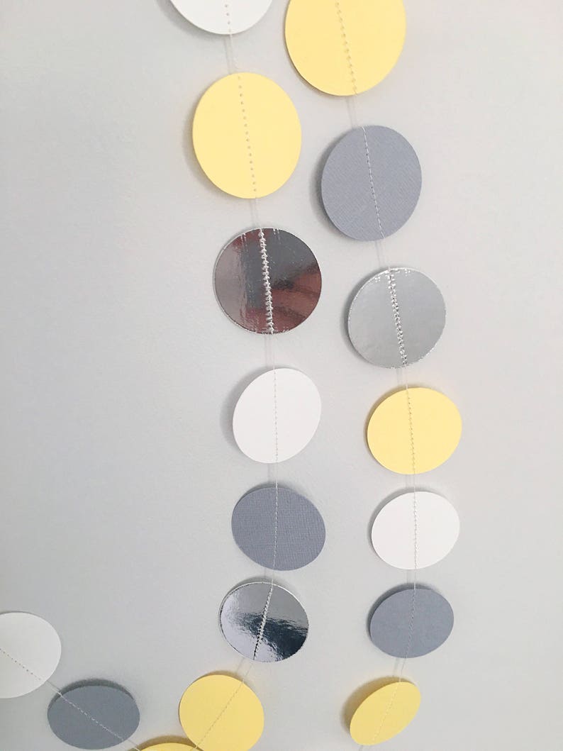 Paper circle garland grey and yellow decor paper bunting baby shower photo backdrop cake smash new baby lemon and grey image 5