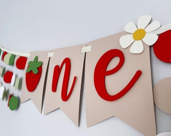 Strawberry Sweet One highchair banner, cake smash garland, photo backdrop, strawberry party