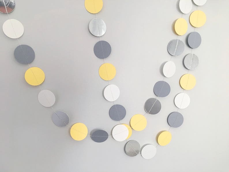 Paper circle garland grey and yellow decor paper bunting baby shower photo backdrop cake smash new baby lemon and grey image 2