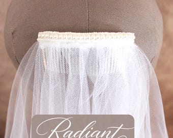 White Cascade Wedding Veil | Two Tier, Faux Pearl Trim (22  display picture 1