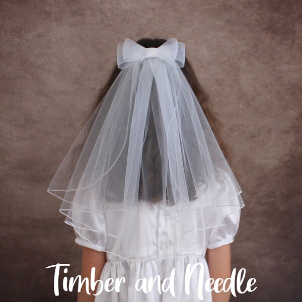 White First Communion Veil 17" long with a pencil edge-Horsehair Bow-Cascade Cut - Quick ship