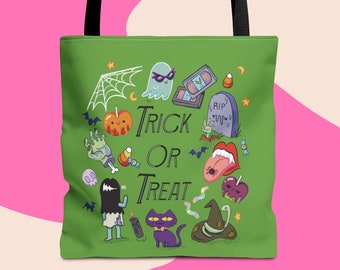 Cartoon Halloween Characters Icons Tote Bag, Funny Cartoon Spooky Season Themed Tote, Horror Reader Mystery Lover tote