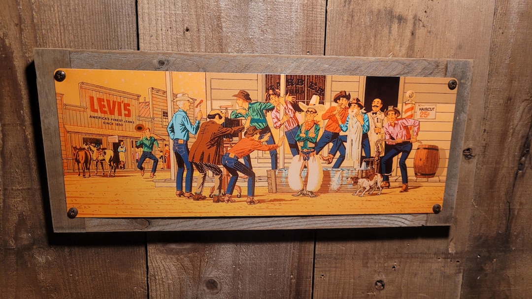 Vintage Levis Jeans Western Ad Reproduction Metal Sign Reclaimed
