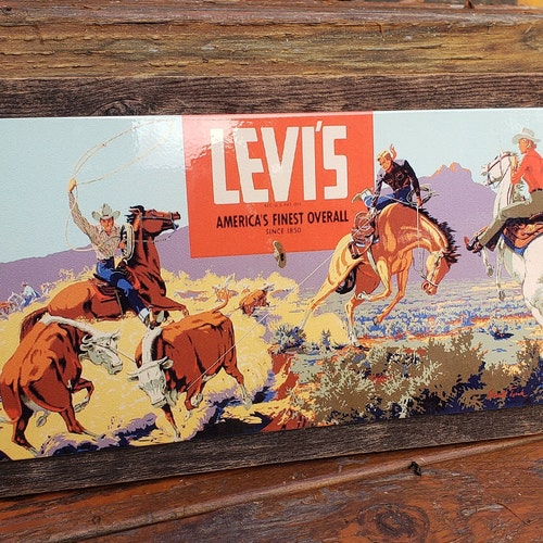 Vintage Levis Jeans Western Ad Reproduction Metal Sign Reclaimed