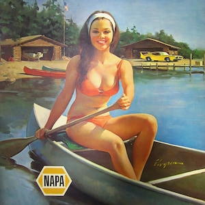 Vintage Napa ad pin up girl canoe lake muscle car metal sign man cave decor