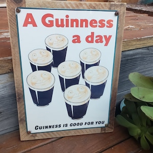 Vintage Guinness A Day Beer Ad Metal Sign Wood Frame FREE SHIPPING