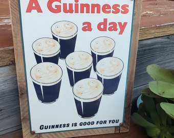 Vintage Guinness A Day Beer Ad Metal Sign Wood Frame FREE SHIPPING